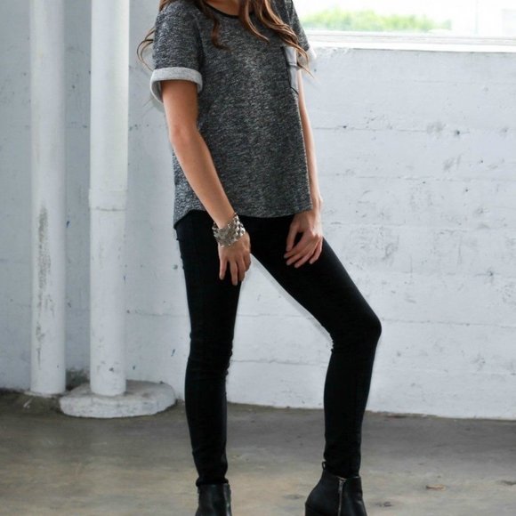 Black Vegan Leather Pocket Sweatshirt Top - Picture 3 of 7